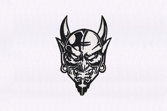 A Bold Devil Mask Embroidery Design for Apparel Decoration